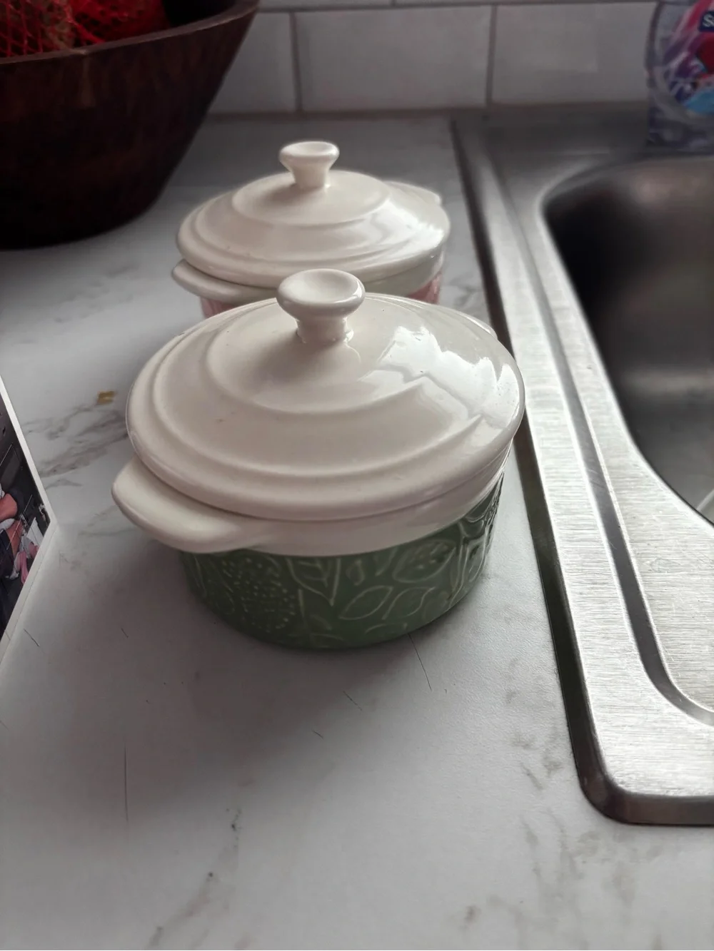 Pink Ceramic Covered Dish with Cream Lid - Decorative Kitchen Accent